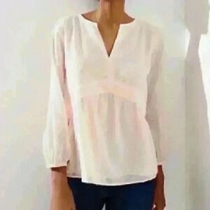 Loft Women's Top Size S Oversized Babydoll Pink Swiss Dot Long Sleeve Peplum